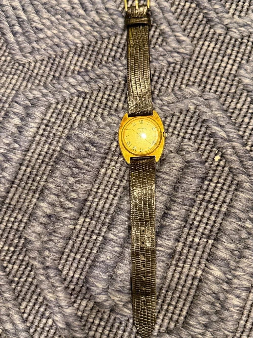 Bulova Gold Dial Dress Watch with Black Leather Strap